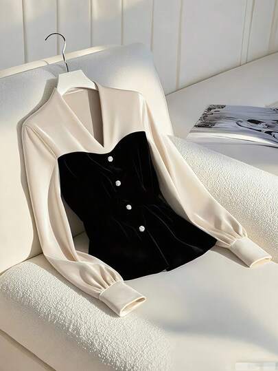 Franclia 女式优雅精致 V 领长袖撞色纽扣装饰衬衫，春秋装