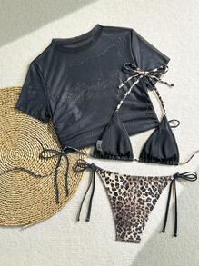 BamGleam Women's Summer Beach Leopard Print Number Halter Bikini Top With Side Tie, Leopard Print Triangle Bottoms, And Letter Print Mesh Crop Top 3 PiecesSwimsuit Set For Vacation - Multicolor - View 8