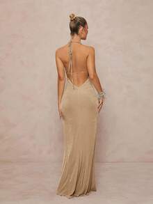 Lumalex Champagne Gold Summer Elegant Dining Women Dress,Halter Neck Deep V Plunge Ruched Crystal Shell Brooch Backless Bodycon Maxi Metallic Party Wedding - Apricot - View 3