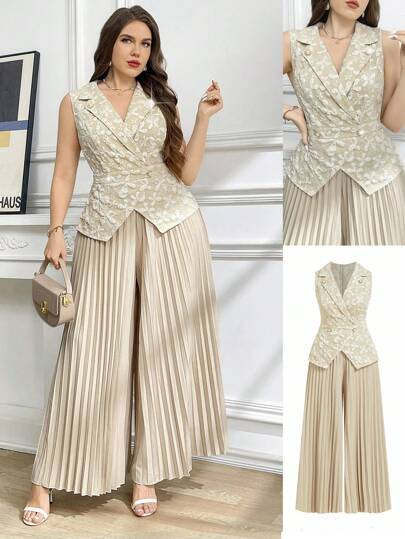 SHEIN Clasi 大码夏季优雅提花领荷叶边下摆连体裤，三维纹理面料褶皱长腰修身连体裤，2025 年新款，束腰阔腿连体裤机场装女士