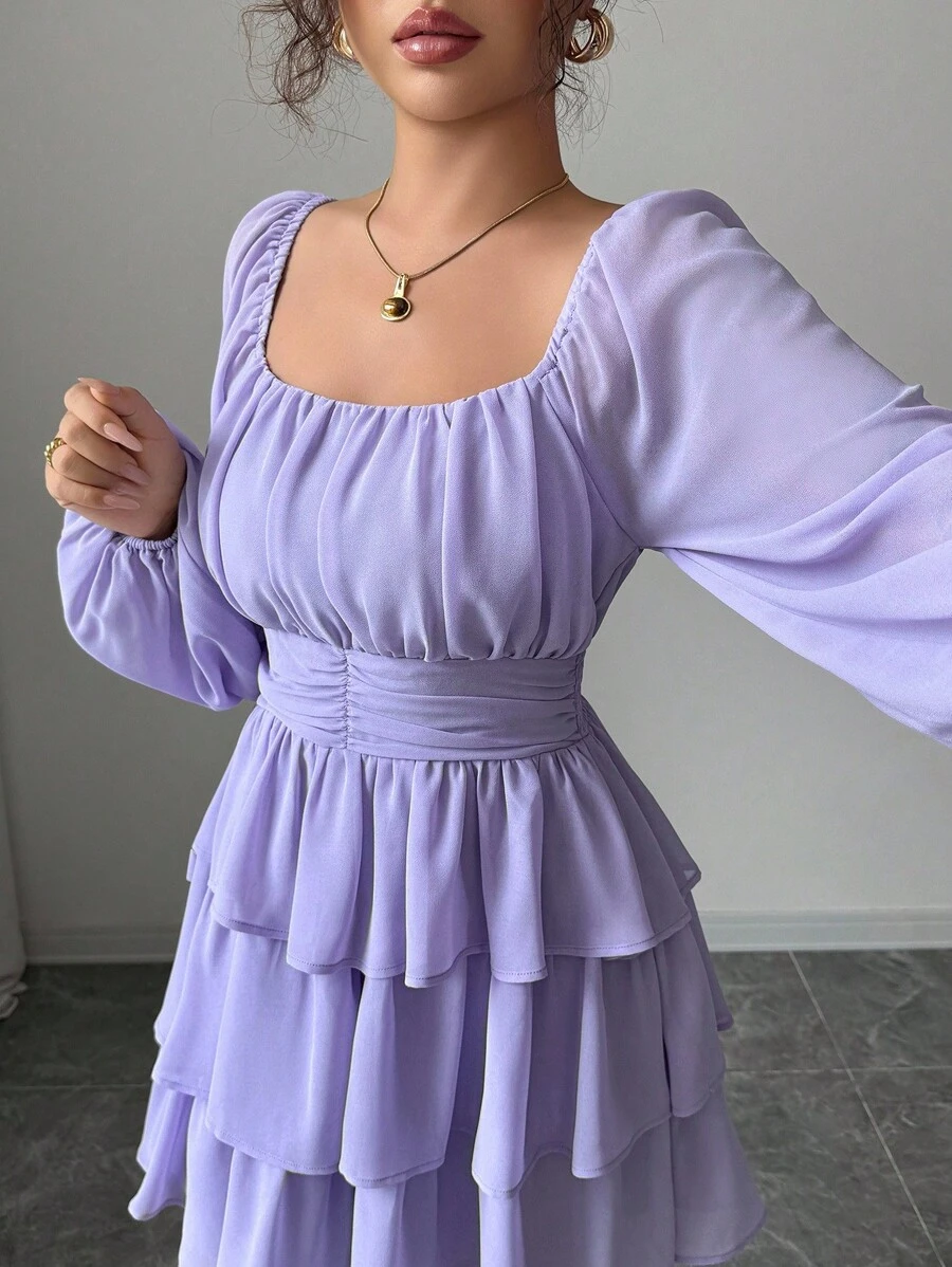 Selianne Đầm suông dáng chữ A, tay lỡ, ngắn, họa tiết bèo nhún, mặc đi chơi, đi nghỉ, tiệc trà chiều, màu trơn, cổ vuông, eo nhún, dáng suông, dáng suông, dáng suông, thời trang xuân/thu/đông cho nữ - Màu tím hoa cà - Xem 1