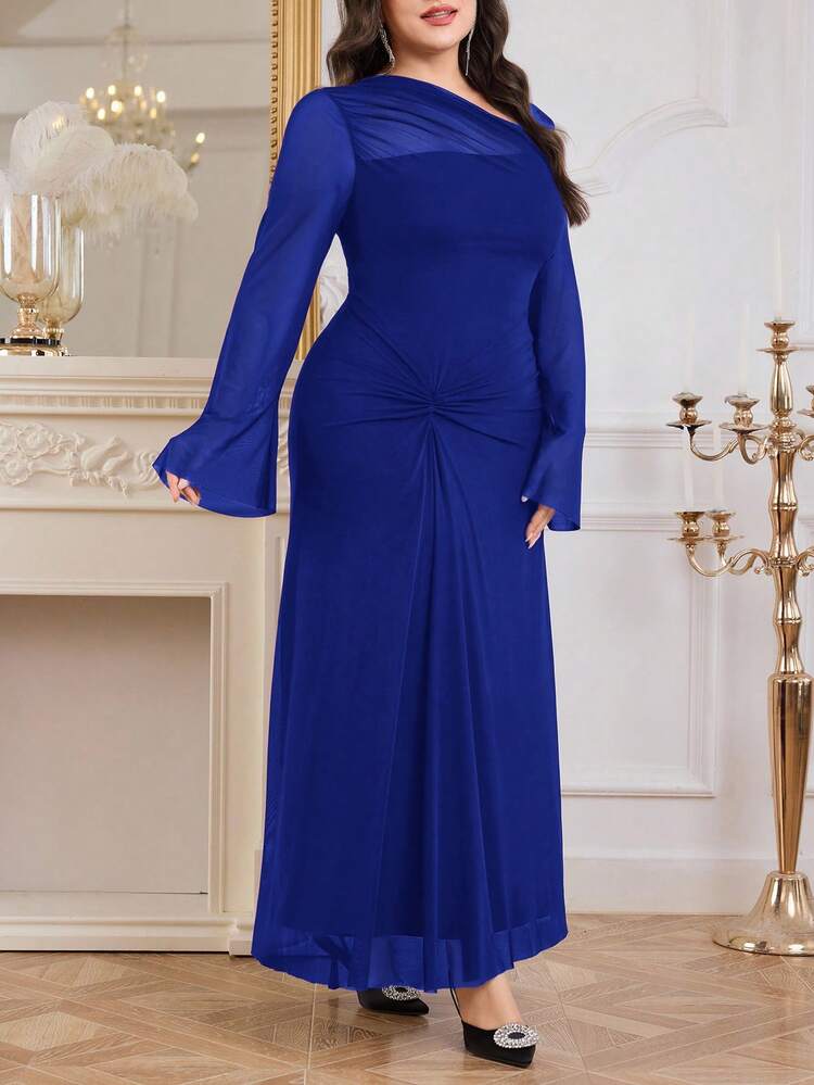 Modelyn Plus Size Solid Color Mesh Contrast Casual Dress, Simple Elegant Daily Wear Long Evening Dresses - Royal Blue - View 7