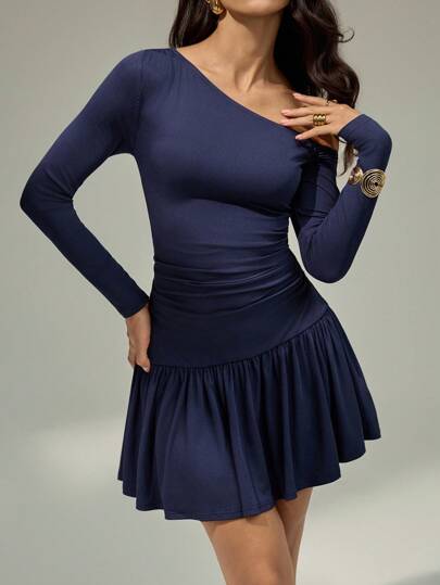 Modelyn Women's Elegant Solid Color Asymmetric Neck Ruched Mini Dress Dark Blue Dress Long Sleeve Blue Dress Sexy Blue Dress Women High Stretch Dress Ribbed Blue Dress,Fashionable, Casual, And Elegant Women's Autumn. Fall