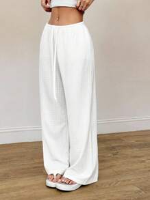 SHEIN PETITE Women's Summer New Knitted Texture Light White Casual Pants, Suitable For Vacation Wear, Autumn Winter Casual Home White Pants Women Summer Pants Comfy Pants Beach Pants Bathing Suit Cover Up Pants White Beach Pants - White - View 4