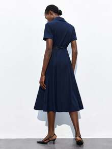 Maija 2025 Autumn Navy Blue Elegant Office Dress,Collared Single-Breasted Button Front Pleated Waist Design With Leather Metal Belt Adjustable Slim Dress - Navy Blue - View 3