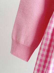 SHEIN Girls' Pink Autumn Holiday Party Knitted Dress,Back To School Plaid Patchwork Sweet Soft Warm Yarn Outfit With 3D Bow,Comfortable Versatile Clothes - Pink - View 3