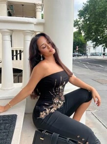 NegzBox Y2k Summer Women Going Out Vintage Boho Fashion Vacation Glitter Embroidered Sparkly Sequin Black Asymmetric Hem Embroidered Bandeau Top, Fashion - Black - View 6