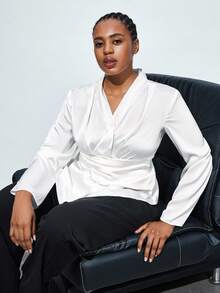 Maija Plus Size White Satin Blouse Long Sleeve Top,Women's Elegant Silky Summer Dinner Commuter Wear,Business Casual Autumn,New Year Party,Date,Graduation - White - View 8