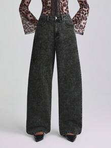 SHEIN Essnce 女式休闲宽松口袋牛仔阔腿牛仔裤 - 黑色 - 查看 8