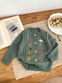 LMoss Kids 女婴花卉图案长袖单排扣针织开衫 - 綠色 - 查看 2