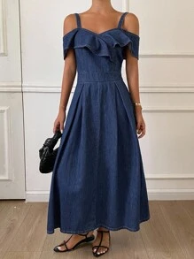 DAZY 女士牛仔荷叶边露肩牛仔连衣裙 - 深色水洗藍 - 查看 5