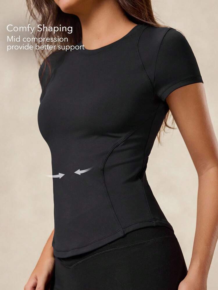 OutZeal Camiseta deportiva negra para mujer, unicolor, para entrenamiento, yoga, casual, verano, primavera, de secado rápido, diseño de malla, ajuste ceñido, mangas cortas, camisetas de compresión, tops activos - Negro - Añade 3