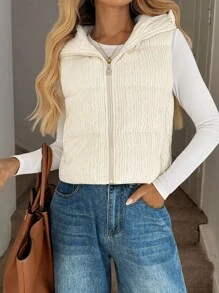 Easowa 前拉链连帽纹理无袖夹克，休闲宽松通勤复古风格棉服外套，女士羽绒背心，粗针织背心，秋冬连帽背心 - 杏色 - 查看 6