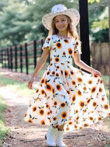 SHEIN Tween Girl Allover Sunflower Print Dress - White - View 1