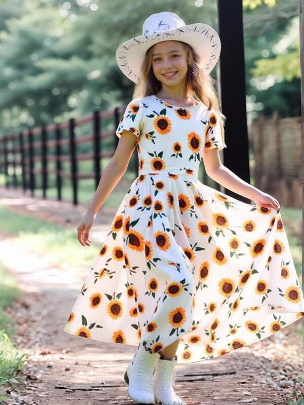 SHEIN Tween Girl Allover Sunflower Print Dress