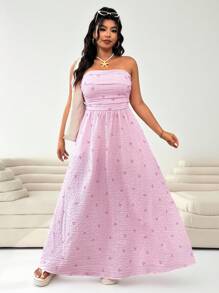 Solflare Plus Size Women Strapless Bowknot Striped Ruched Dress, Pink,Summer Outfits For Women - Pink - View 4