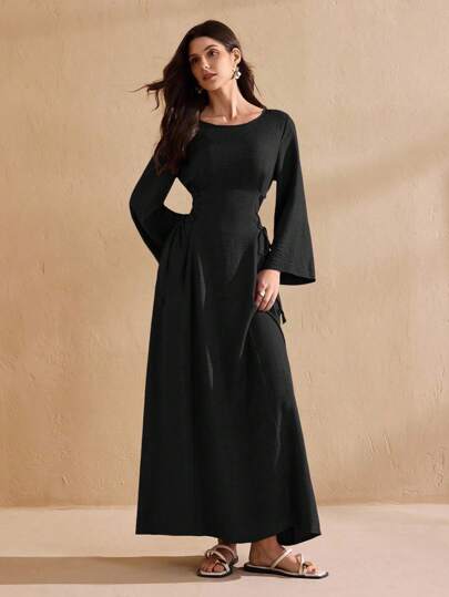 Graceveil Women's Solid Color Minimalist Daily Wear Round Neck Long Sleeve Dress