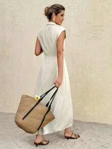 SHEIN Frenchy Women's Solid Color Single-Breasted Capped Sleeve Casual Midi Shirt Dress All Outfits For Women,Back To School ,  Teacher Outfits For Women  , Wedding Guest Dress Elegant  ,Business Casual Woman  Fall Clothes For Women  ,Work/Office Dresses  ,Button Up Dresses   Women  , Summer - Apricot - View 2