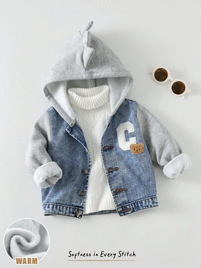 Cozy Pixies Chaqueta con capucha de contraste de color con diseño de oso de dibujos animados para bebés niños