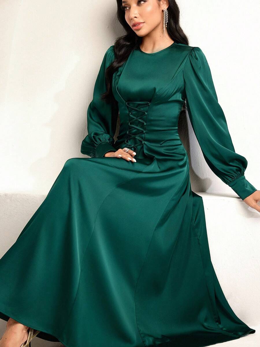 Veilorie Lace-Up, Waist-Cinching, Slimming Elegant Cocktail Dress With Sophisticated Design - Dark Green - View 1