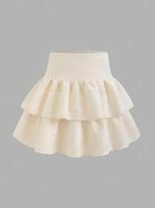 2 件套青少年女孩海滩度假休闲甜美修身抹胸和高腰荷叶边下摆迷你裙，针织纹理面料 - 杏色 - 查看 5