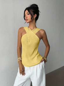 Elenzga 交叉领简约小众设计休闲针织上衣 - 黃色 - 查看 3