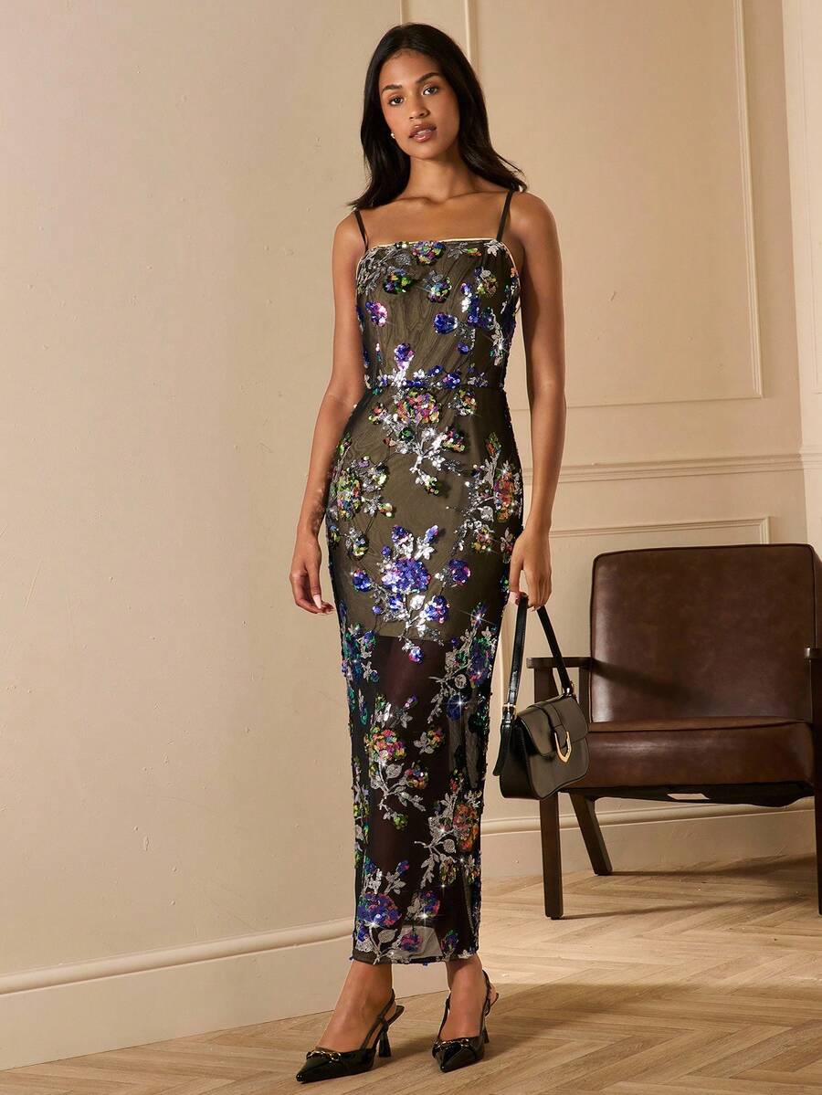 Lilora Vestido largo elegante de mujer con tirantes finos y lentejuelas, vestido formal con lentejuelas, vestido de gala floral para mujer, vestido de cena de crucero, vestido formal de fiesta de jardín, vestido formal con lentejuelas y flores, vestido de ocasión especial con lentejuelas y flores, vestido de gala con lentejuelas y flores, ropa de otoño para mujer elegante y digna - Negro - Ver 1