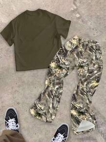 SHEIN 青少年男孩经典时尚休闲酷炫人物和树叶树枝印花圆领 T 恤和喇叭裤 2 件套，适合夏季 - 彩色 - 查看 2