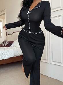 SHEIN Women's Black & White Contrast Trim Slim Fit Long Sleeve Top & Pants Pajama Set, Autumn/Winter, Fall Clothes, Cozy Outfits - Black - View 3