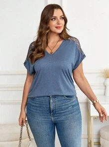 SHEIN Clasi Plus Size Solid Color Hollow Out Lace Patches T-Shirt - Teal Blue - View 5