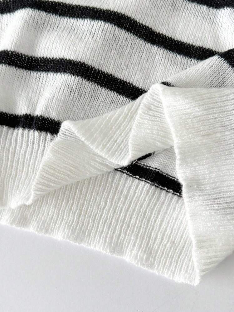 SHEIN 少女时尚休闲百搭黑白条纹短款毛衣可爱上衣美观夏季毛衣条纹短款毛衣少女服装秋冬 - 黑與白 - 查看 6