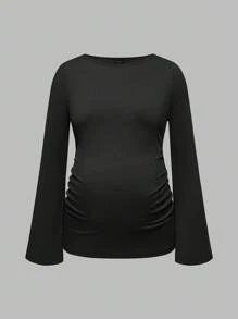 SHEIN Maternity Solid Color Round Neck Fitted Casual Long Sleeve T-Shirt