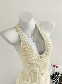 Rafferiza Nouvelle robe courte moulante à col ras-du-cou et dos nu en tricot sexy pour femmes, vêtements d'été en tricot jaune crème pour l'université - Jaune citron - Voir 6