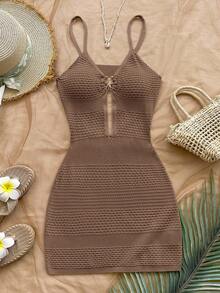 Soleia 金属海星装饰意大利面表带领带镂空合身女式针织连衣裙，适合度假、音乐节、波西米亚、假日、约会、下午茶、海滩 - 棕色 - 查看 3