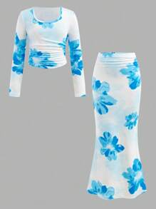 SHEIN 青少年女孩蓝色休闲花卉印花长袖锁眼腰部褶饰紧身连衣裙（含短裙）两件套 - 藍色 - 查看 1