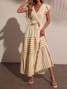 SHEIN LUNE 女士优雅时尚通勤休闲舒适迷人复古简约高端无袖荷叶边袖蝴蝶结腰收腰 V 领 A 字条纹下摆连衣裙 - 黃色 - 查看 7