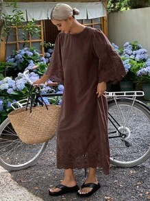 DAZY 新款夏季杏色镂空复古浪漫中长连衣裙，圆领，秋季度假女装 - 棕色 - 查看 6