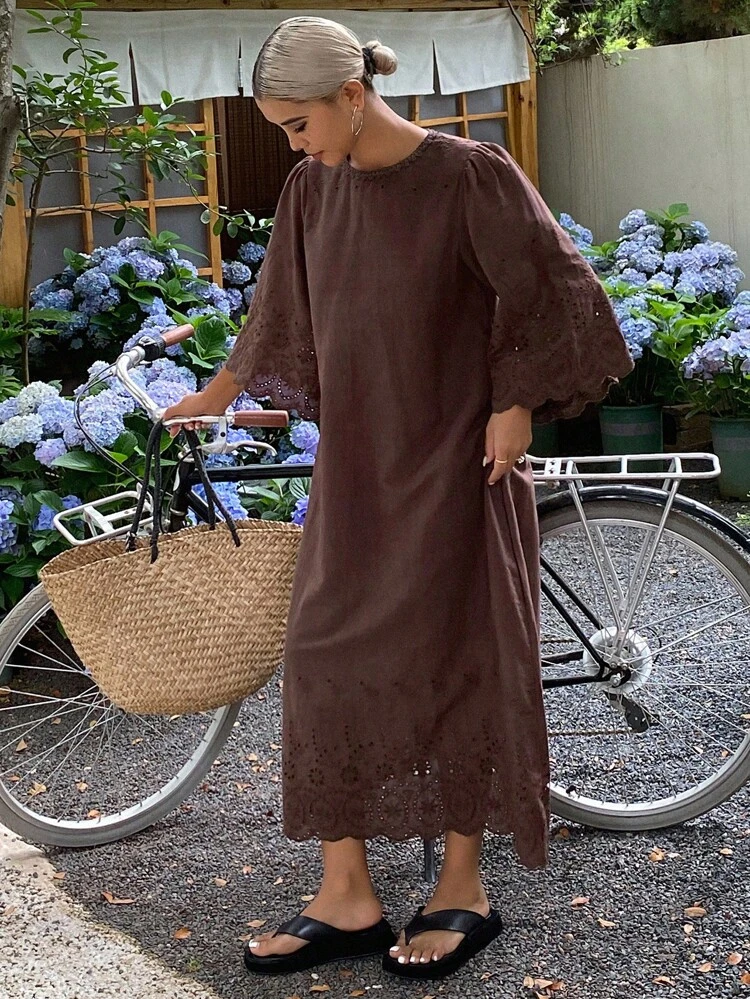 Women's Casual Loose Mid-Length Round Neck 3/4 Sleeve Dress