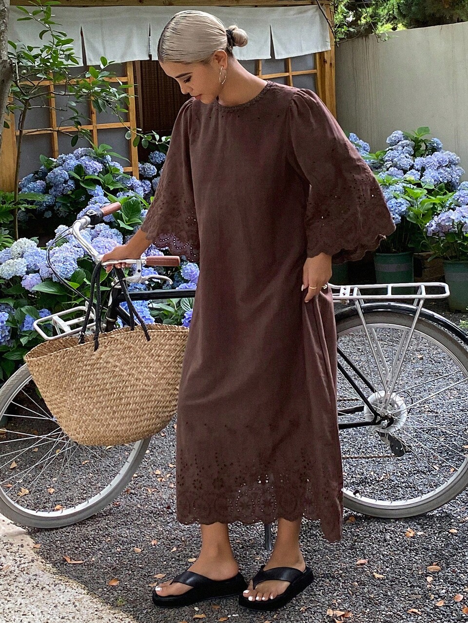 Women's Casual Loose Mid-Length Round Neck 3/4 Sleeve Dress Petite Sundress