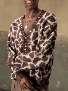 AKNOTIC Men's Casual Fashion Leopard Print Loose Button Cardigan Sweater,Contrast Jacquard,Machine Washable,Autumn,Beige,Elegant,Party,Autumn/Winter - Coffee Brown - View 4