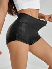 SHEIN PETITE 女士纯色褶皱黑色 PU 皮革短款紧身裤 - 黑色 - 查看 7