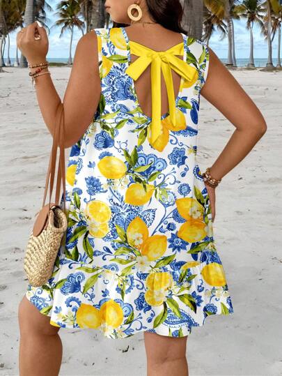 Veykashi Gaun Kasual Tanpa Lengan Bertali Gaya Liburan Retro Festival Musim Panas Prancis Segar Lucu Motif Lemon untuk Wanita Ukuran Plus, Gaun Motif Lemon, Gaun Musim Panas Wanita, Gaun Liburan Wanita, Gaun Lemon Wanita, Gaun Chic