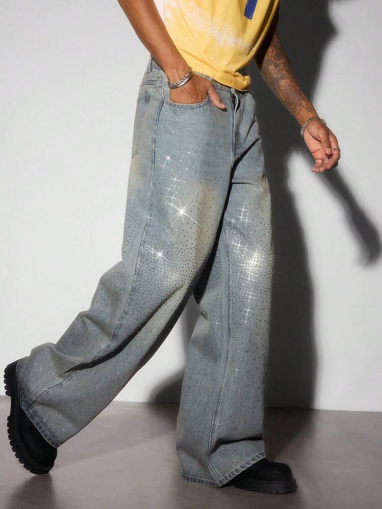 ROMWE MEN Street Life Spring Casual Men'S Vintage Blue Casual Glittering Rhinestone Loose Fit Jeans - Light Wash - View 5