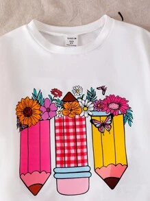 SHEIN 2 件装返校女孩（小号）铅笔画印花白色短袖上衣和舒适格子短款 T 恤套装，春夏时尚 - 白色 - 查看 3