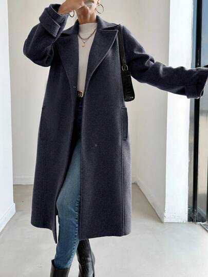 EURMUSE Women's Solid Color Lapel NeckLong Sleeve Loose Long Casual Wool Blend Coat
