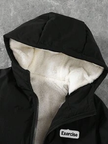 Manfinity EMRG Men's Black And White Letter Graphic Zip-Up Hooded Winter Coat,Thermal Lined Casual Streetwear,Long Sleeve Fall Apparel For Hiking,Campus & Halloween - Black - View 4