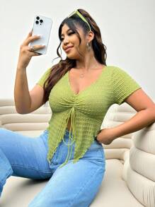 Solflare Plus Drawstring Front Asymmetrical Hem Tee - Lime Green - View 5