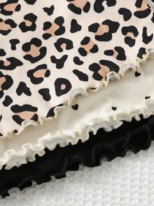Cozy Pixies Set da 3 pezzi di magliette a maniche lunghe con volant all'orlo, con stampa a cuore, stampa leopardata e tinta unita, per ragazze giovani