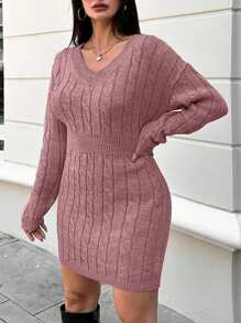 EURMUSE Plus Size Solid Color Minimalist Everyday Knit Long Sleeve Sweater Dress - Dusty Pink - View 5