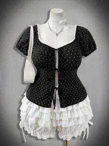 Sunspun 大码黑白圆点拼接泡泡袖蕾丝花边前系带衬衫，适合春、夏、秋季